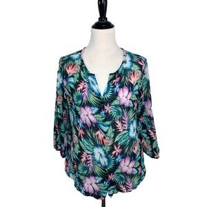Tommy Bahama Top Women's M Blue Green Island Tropical V-Neck Cotton Gauze